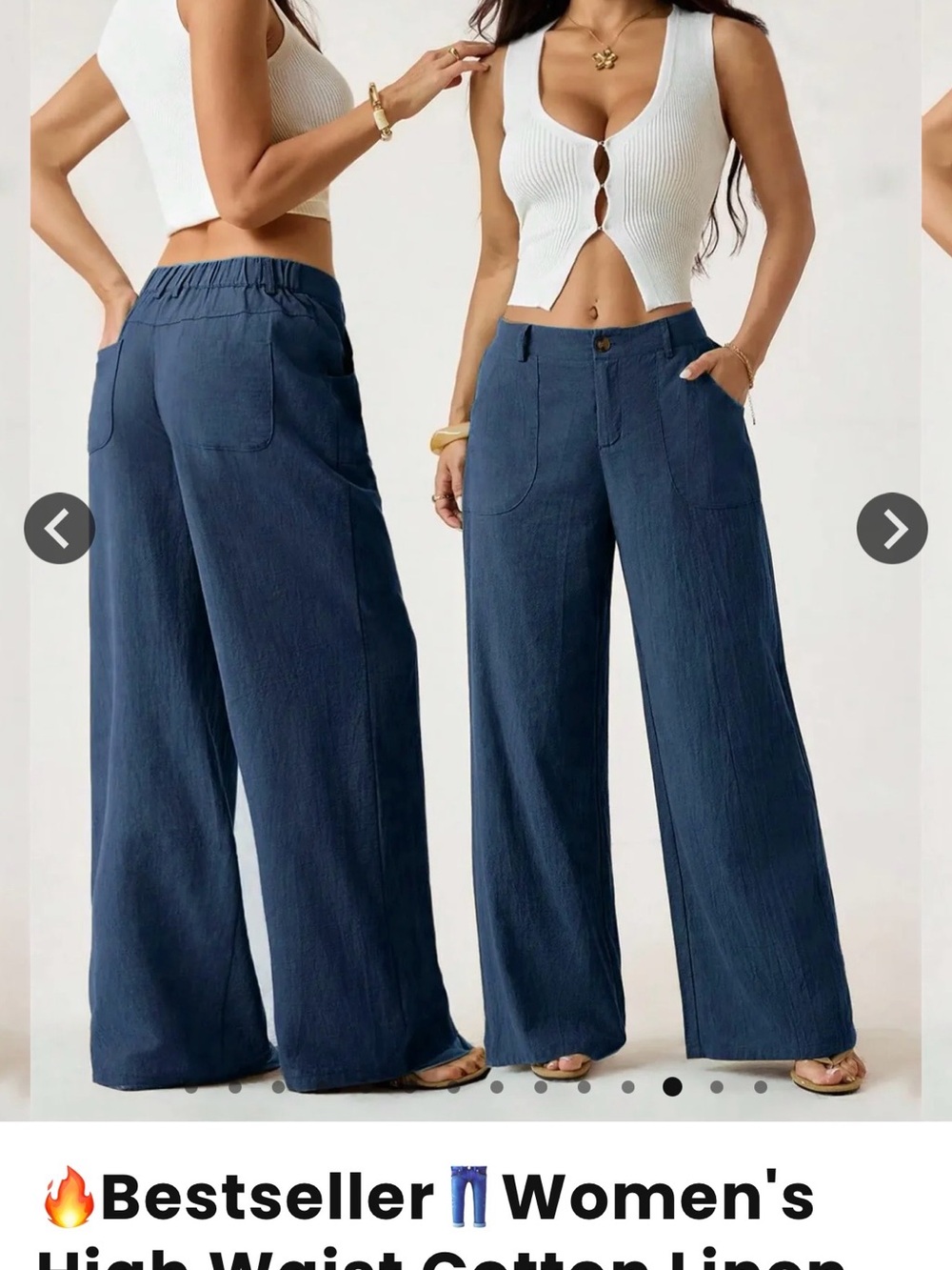 High-Waist Wide-Leg Cotton-Linen Pants - Navy